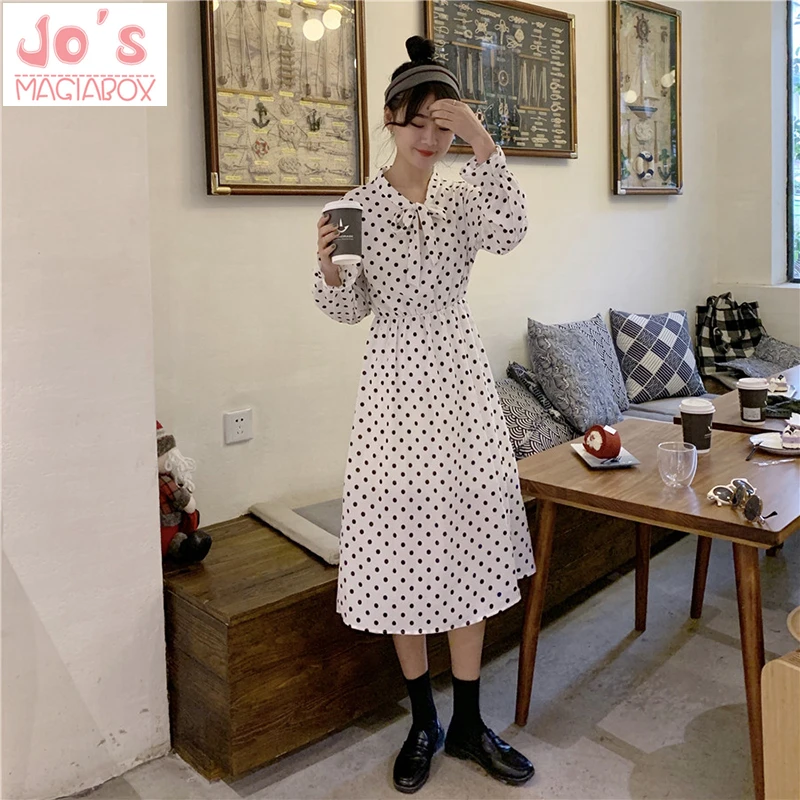 

2019 Summer Dot Women Kawaii A-Line Dress Long Sleeve Mid-Calf Casual Empire Party Dress Bow Spring Vestidos Cute Clothing