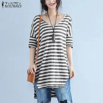 

ZANZEA 2020 Summer Short Sleeve Striped Blouse Women Elegant V Neck Loose Work OL Shirt Casual Femme Blusas Chemise Oversize Top