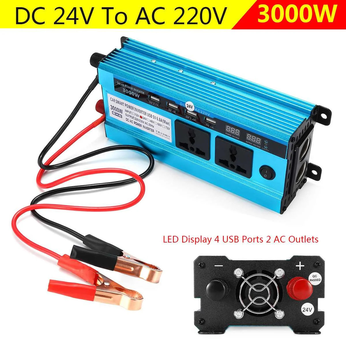

Solar Power Inverter Car LED 3000W DC 12/ 24V to AC 220V Sine Wave USB Converter Digital Display Built-in Cooling Fan Light