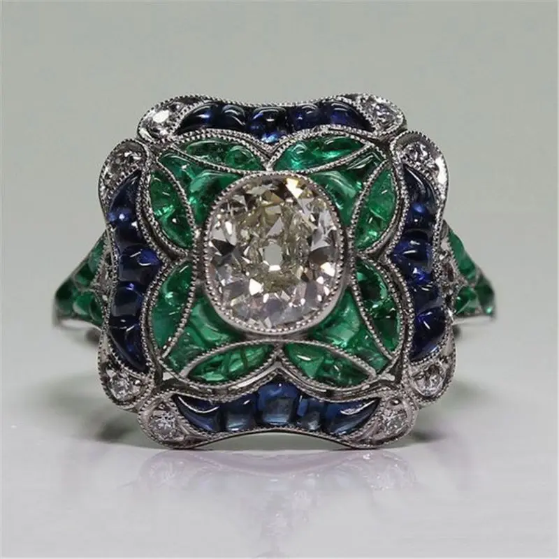 Винтажное зеленое кольцо с голубым Цирконом для мужчин 925 серебро крупные украшения Женское Обручальное кольцо подарок Sz 6-10