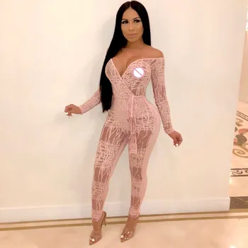 

2019 Summer New Deep V-neck Plaid Jumpsuits Women Fashion Solid Long Sleeve Sexy Jumpsuit Lace Up Long Pencil Romper