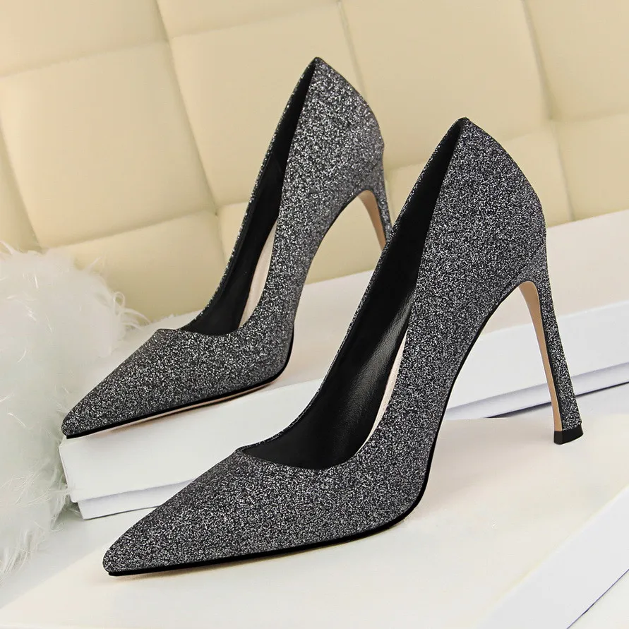 

2018 Extreme High Heels Women Shoes Designer Luxury Brand Shoes Woman Pumps Mujer Sequined Leather Wedding Shoes DS-B0111