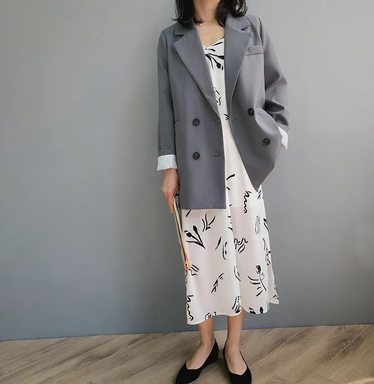 Spring Chic Loose Blazer Women Coat Double Breasted Long Suit Jacket Female Office Casual Blazer