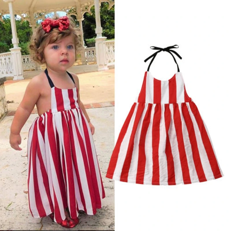 

CANIS 2019 Newborn Kids Baby Girls Bohemian Red Striped Long Strap Backless Princess Tutu Dress Sundress 1-5T