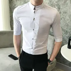 2018 летний тренд воротник печати рубашка мужская Корейская приталенная рубашка без рукавов волос стилист Мода для мужчин's Повседневная