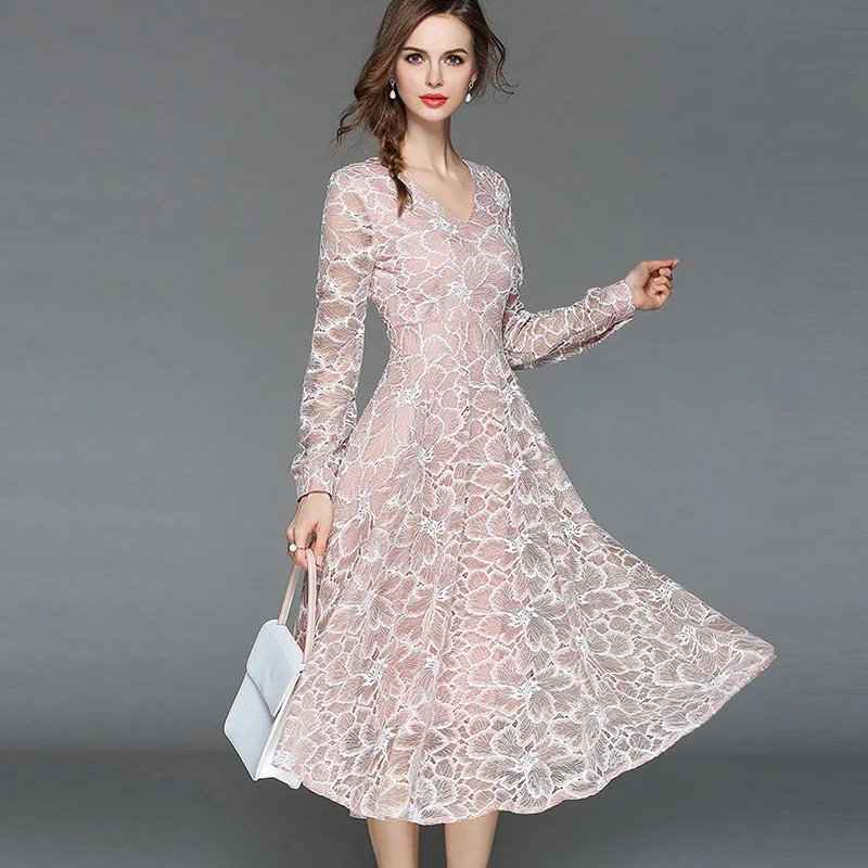 

2019 New Style women Long Dress V-neck Long-Sleeve Cutout Ladies Small fairy Lace Floral Print elegant ceremonial robe formal