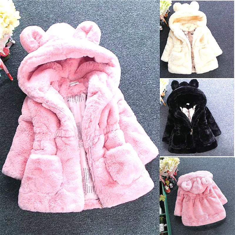 

2019 Girls Autumn And Winter Fur Coat New Fashion Hooded Plus Velvet Thickening Children's Rabbit Ears Fur Coat Outerwear