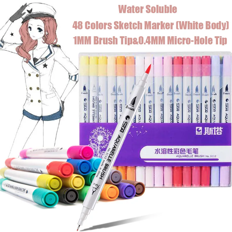 

48 Colors Water Soluble Art Markers Double Head Sketching Artistic Brush Pen For Drawing Animation Design School Art Supplies