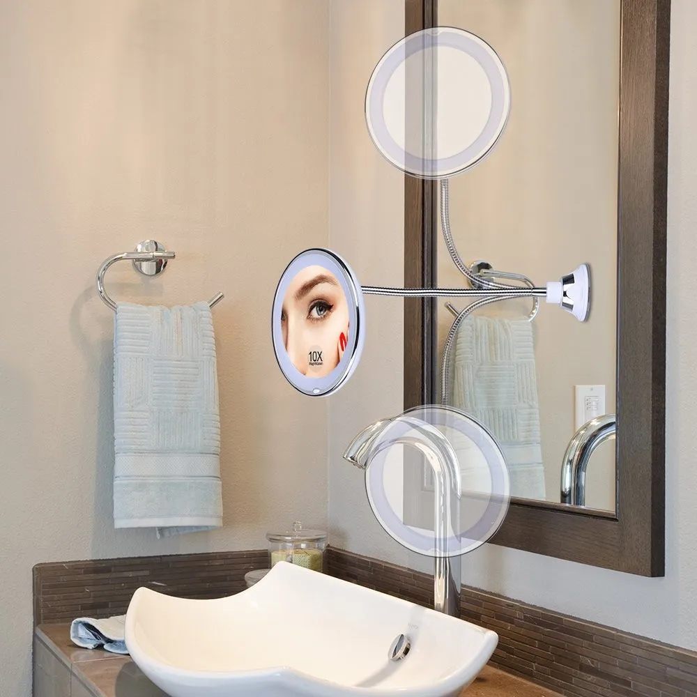 

360 Swivel 10x Magnifying Bright LED Lighted Makeup Mirror Adjustable Flexible Bendable Gooseneck Wall Mounted Bathroom Mirror