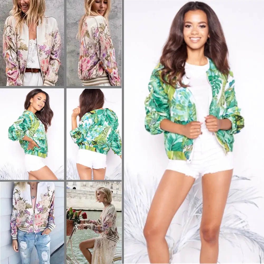 

New Women Fashion Charming Hot Sale Stand Collar Long Sleeve Zipper Floral Printed Bomber Jacket