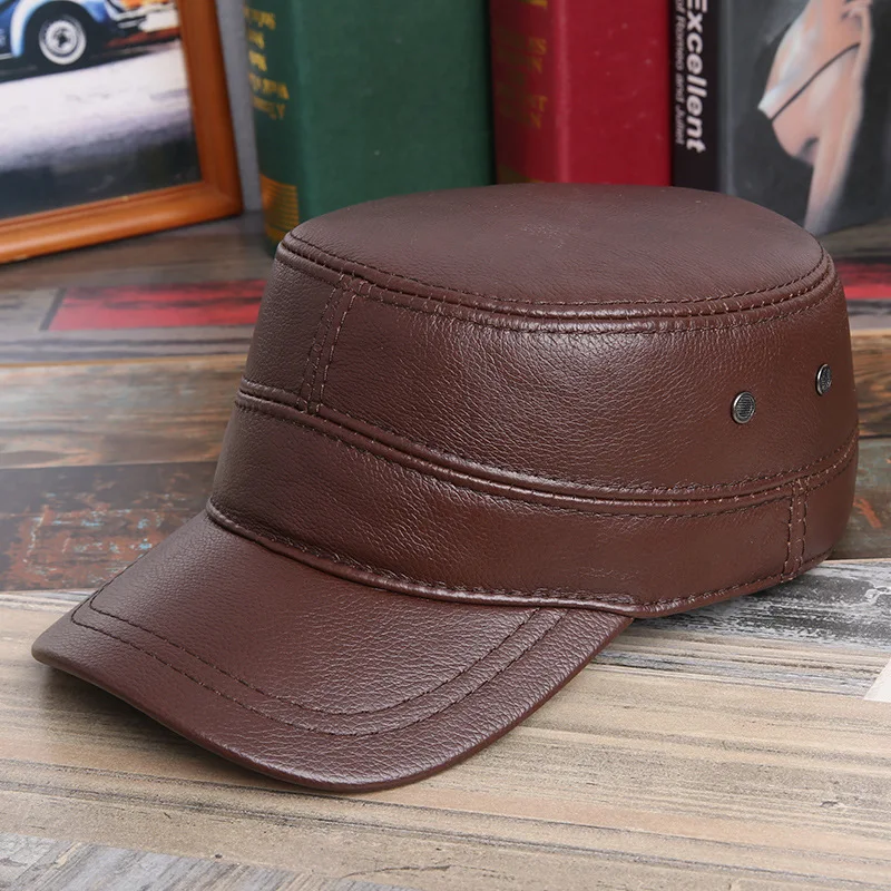 

Leather Hat Keep Warm Cap Sheepskin Man Peaked Cap 3 Color Flat Roof Hat