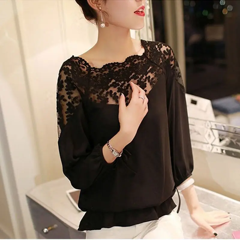 

Hirigin Womens Off Shoulder Spliced Lace Mesh Sheer Blouse Long Sleeve Women Crop Casual Tops
