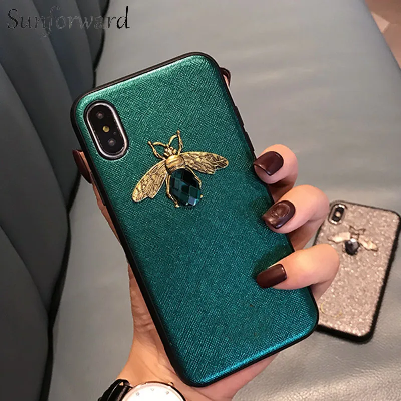 

Sunforward Luxury Bee Case For iPhone X XR XS Max Cover Diamond Soft Silicone Leather Rhinestones Cases For iPhone 7 8 6 6S Plus