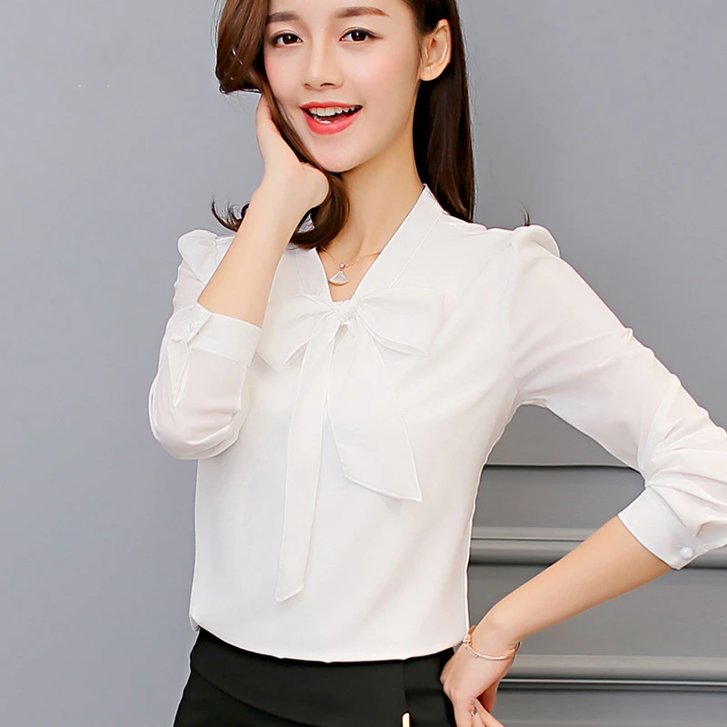 

2019 Korean Womens Business Slim Tops And Blouses Spring Summer Office Lady Bow Neck Chiffon Shirts Solid Color Blusas Mujer