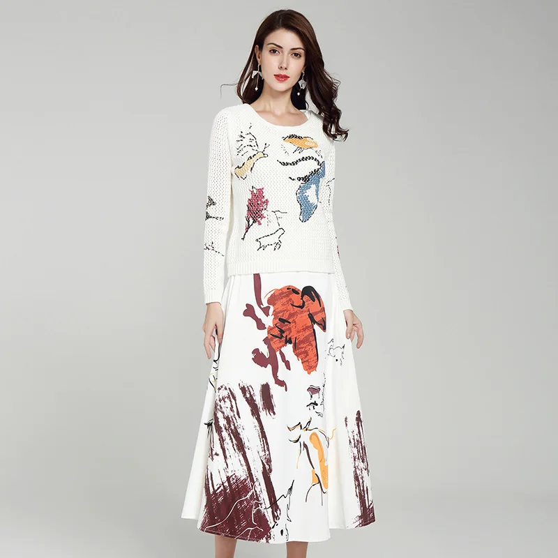 

2019 spring and summer new deer pattern hollow out knitted vest and sweater and print skirt three-piece suit women 17140