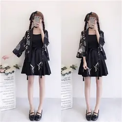 Девушки Черный одежда в японском стиле комплект Женская мода весеннее кимоно 3 шт юбка хаори кардиганы 2019 японская юката наряды