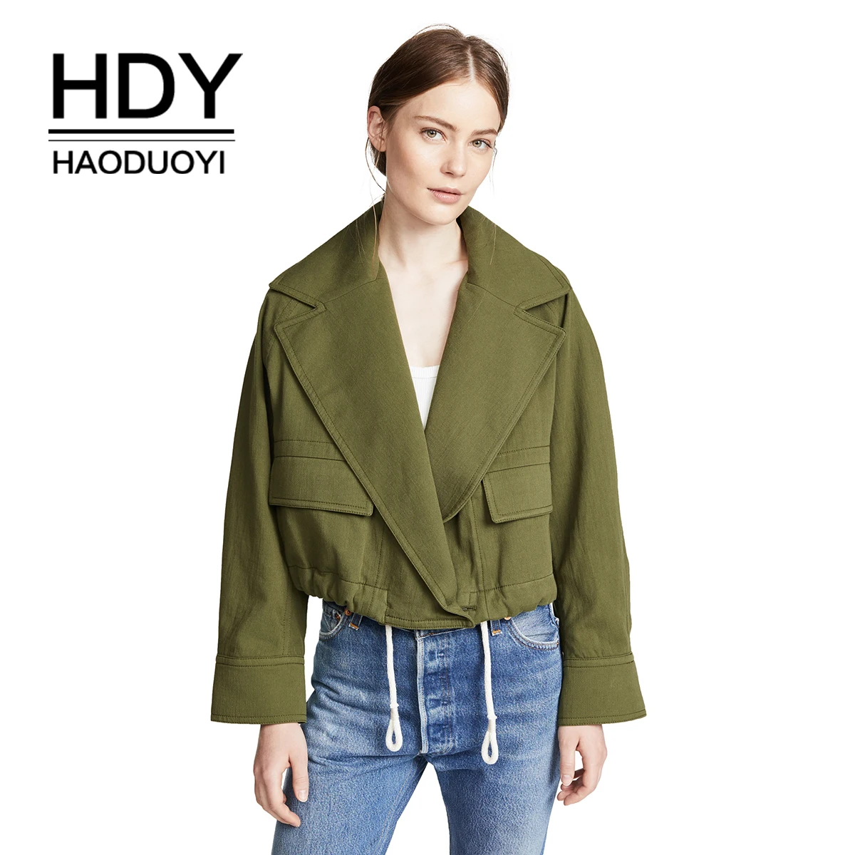 HDY Haoduoyi Winter Coats Retro Dark Green Hem Strap Lapel Jacket Women