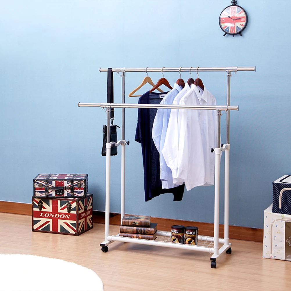 

Multi-function Retractable Double Rods Drying Rack Cloth Drying Stand Clothes Laundry Hanger with Wheels for Indoor Outdoor