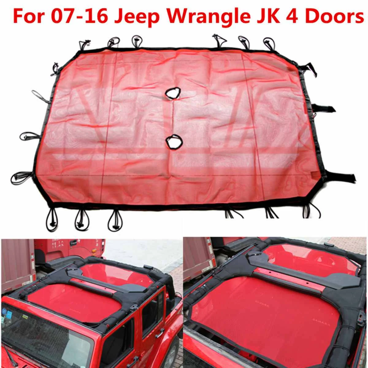 

Black Star/Red Car Mesh Sun Shade Sunshade Full Top Cover UV Protection For Jeep For Wrangler 4 Drs 2007-16 With Storage Pockets