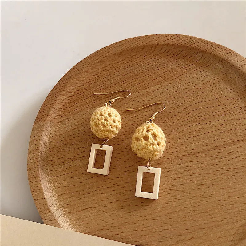

New Korean Personality Wool Ball Circle Earrings Fashion Wood Square Drop Dangle Jewelry for women Gift