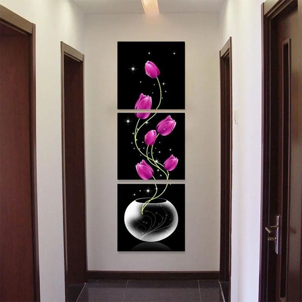 

Adeeing 3pcs/set Unframed Vase with Flowers Canvas Porch Corridor Frameless Vertical Home Decoration Wall Paintings