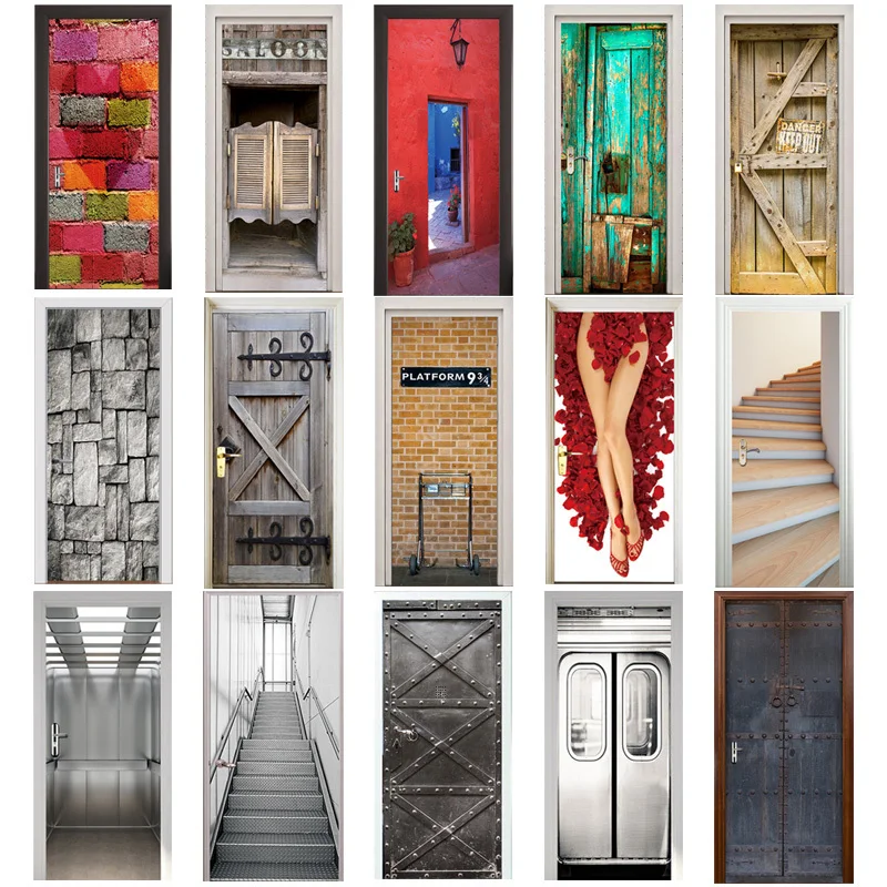 

3d Door Sticker Retro Old Wooden Door Station Bar Elevator Police Hall Subway Stairs Color Bricks Pulling Door Home Decor Paste