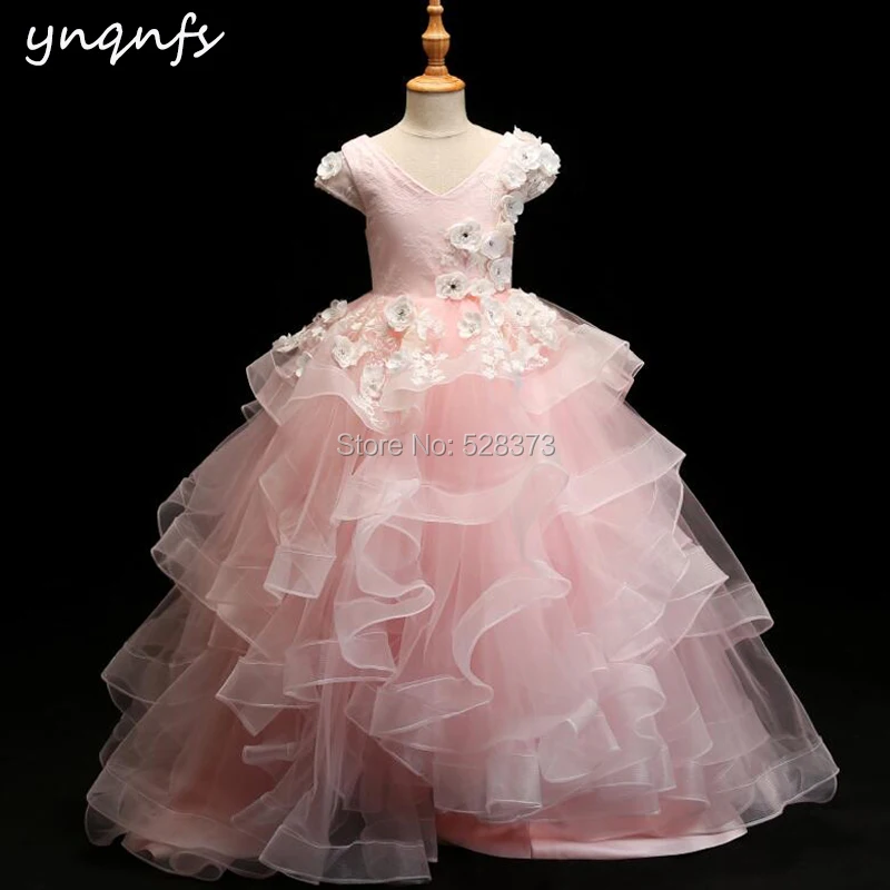 YNQNFS G1 настоящей принцессой розовые платья для девочек с цветочным узором оборками бальное платье для малышей и детей постарше Pageant День