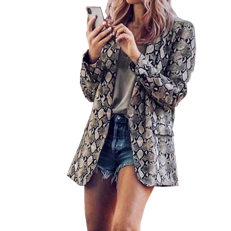 

2019 Sexy Women Snake Skin Print Blazer Jacket Female Long Sleeve Leopard Womens Suit Coat Work Wear Coats Biker Outwear Tops
