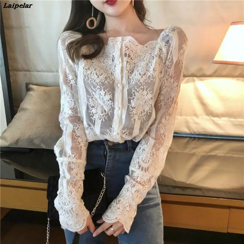 Slash-Neck collar Hook Mesh Pearls Shirts Strapless Lace bottoming shirt long-sleeve Gauze Stitching Blouse Single-breasted Tops