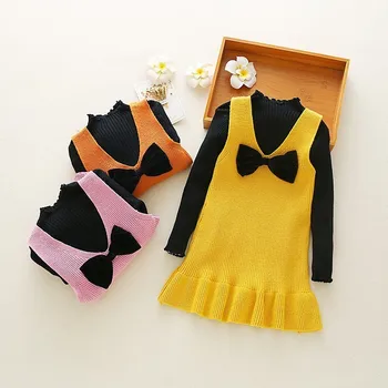 

Baby Girls Clothing Sets Fashion Sweater Vest Dress 2pcs Bow Knit Sweaters Girl Costume Autumn Winter Strap Dress Kids Clothes