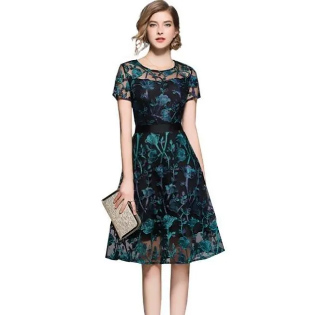 

Summer Lace Dress 2019 Short Sleeve Elegant Embroidered Floral Dresses Women Vintage Mesh Vestidos De Festa Ladies Party Dress