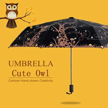 

Owl Series Umbrella Black Coating Night In Forest Sunscreen Sunshade Small Summer Three Fold Clear Umbrella Rain Women Umbrela