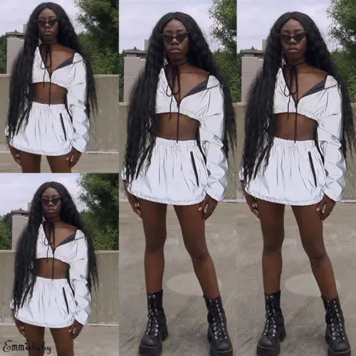 

AU Women Sexy V Neck Zip Crop Top Shiny Skirt Set Tracksuit Clubwear Party