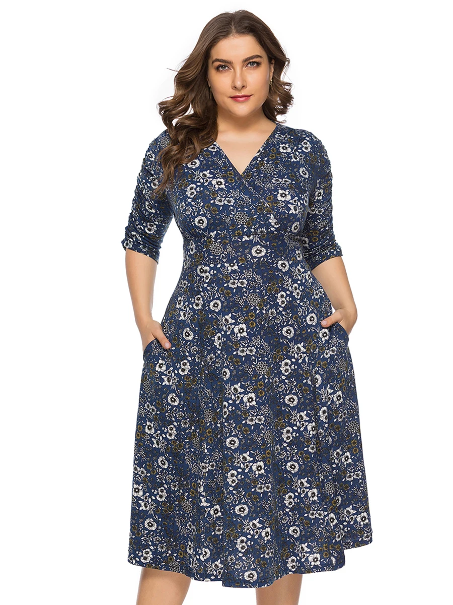 Платье для женщин, женское, XL~ 5XL, повседневное, летнее, праздничное, тропического размера плюс, цветочное, половина рукава, миди, свободное, с глубоким v-образным вырезом