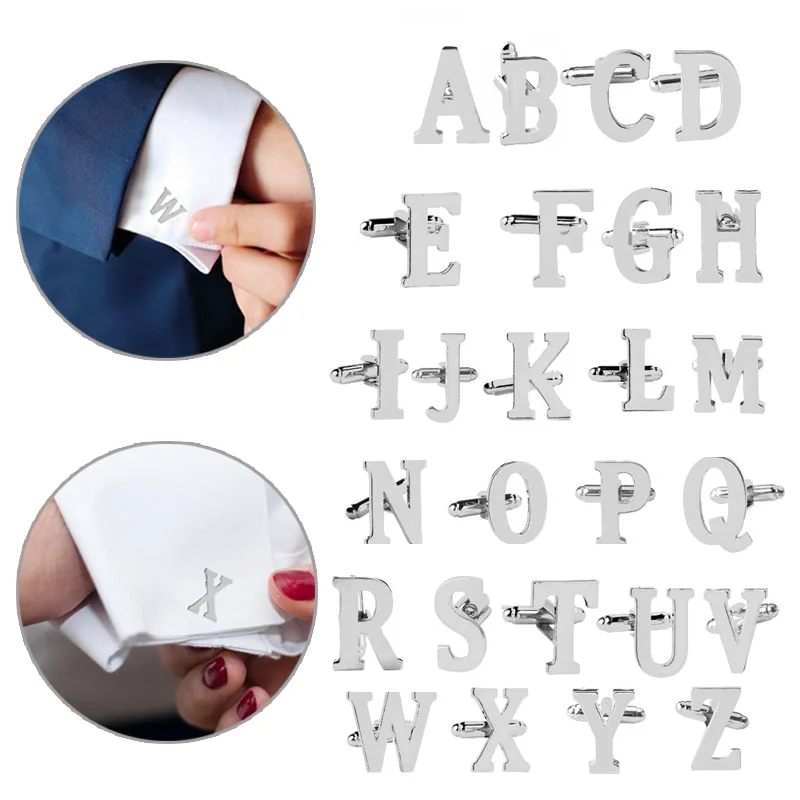 

Fashion Male 26 Alphabet Cufflink Male Formal Initial letter Wedding Silvery Letter Business Shirt cuff link