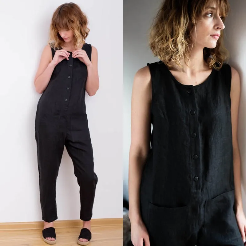 

2019 Summer Celmia Women Overalls Sleeveless Casual Rompers Button Pockets Cotton Linen Jumpsuits Long Trouser Plus Size 5XL