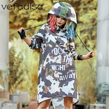 

Vefadisa Women Camouflage Pattern Printing Sweatshirt Dress 2020 Spring Women Dissymmetry Hooded Long Sleeve Pullover DressDQ561