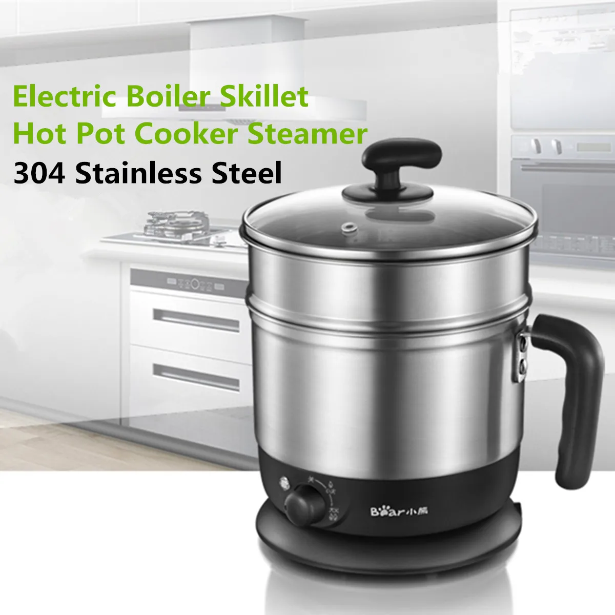 

2L Multi-function Electric Boiler Skillet Noodles Rice Cooker Thermal Double Layer Stainless Steel Insulation Cooking Pot 600W