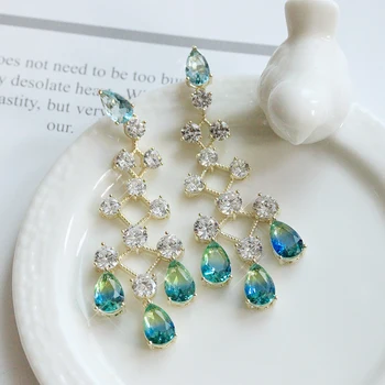 

Fashion Candy Big Pink Water Cubic zirconia Blue gradient color Stone expansion chandelier earrings Women Jewelry Accessories