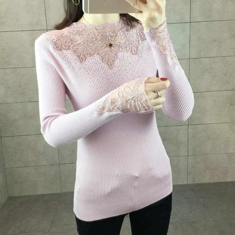 2019 Spring Women Lace Sweater High Elastic Solid O-neck Long Sleeve Sweater Women Slim Sexy Tight Bottoming Knitted Pullovers