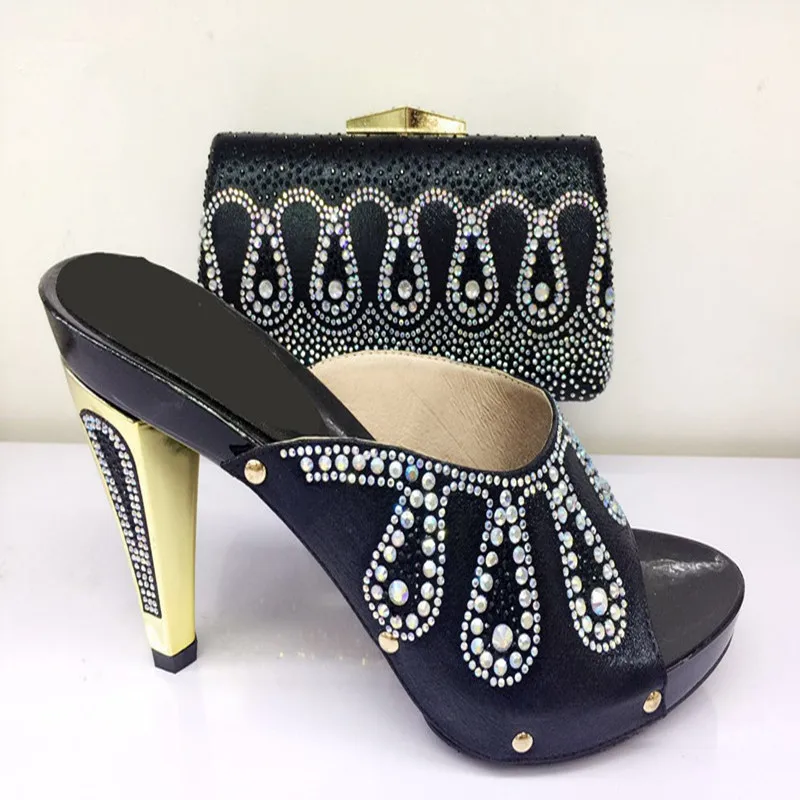 

663-2 Italian Shoes with Matching Bags for Wedding New Arrival Italy black color shoes and bags set