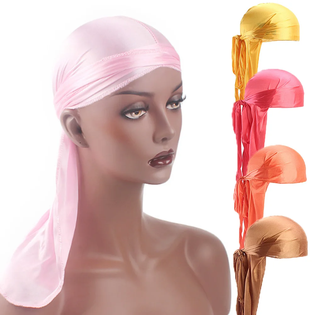 

New Silk Long Tail Scarf Cap Men's Satin Durags Bandanna Turban Wigs Men Silky Durag Headwear Pirate Hat