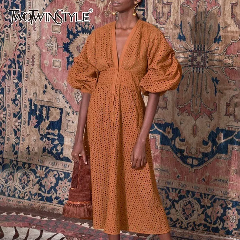 

TWOTWINSTYLE Summer Vintage Solid Women Dress V Neck Puff Sleeve High Waist Button Hollow Out Midi Dresses Female Fashion 2019