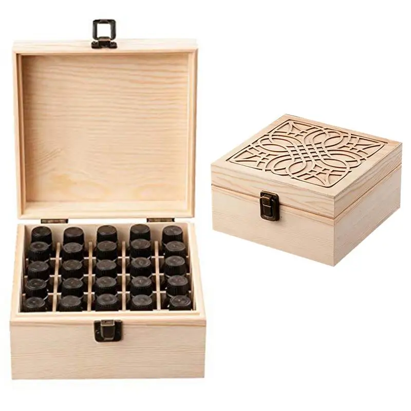 

25 Slots Essential Oil Bottle Wood Storage Box Case Wood Aromatherapy Organizer 18*18*8.5 cm Pine essential oil case wooden