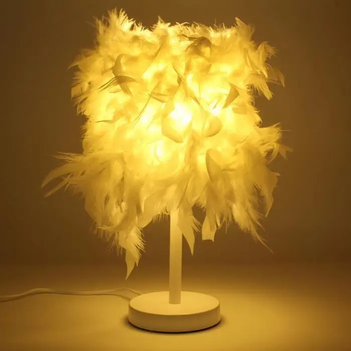 

Feather Shade Metal Table Lamp 220V Bedside Desk Vintage Night Light Christmas Decor Soft Vintage Bedroom Study Room White