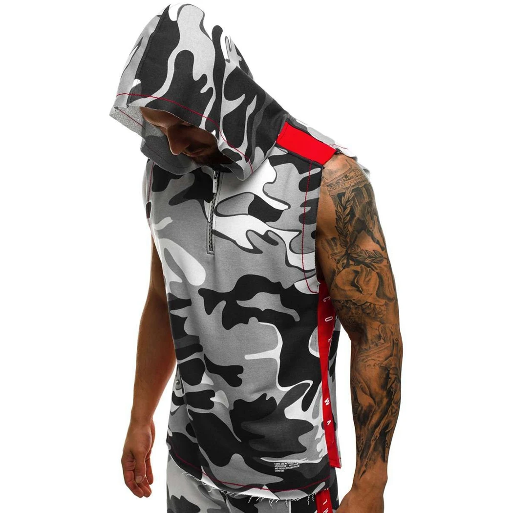 

Fashion Men Stringer Tank Top 2019 Gym Bodybuilding Vest Shirt Camouflage Muscle Mens Hooded Tee Tops Sleeveless Shirt With Hat