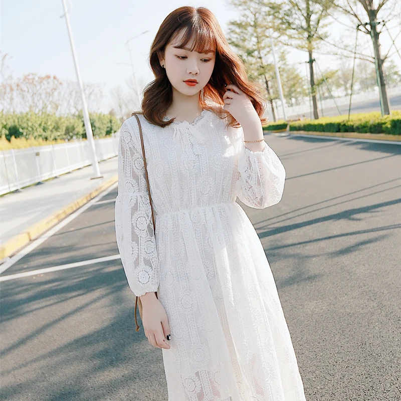 

Vintage Lace Dress Long Sleeve Sexy V-neck Elastic Waist A-Line Party Dresses Elegant Women Vestidos Robe Femme