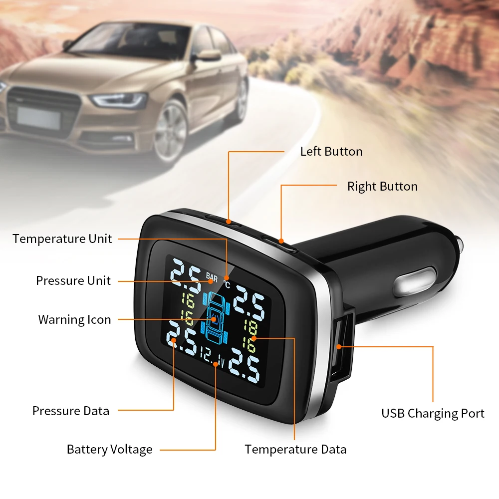 

Rectangle C100 Car TPMS Cigarette Lighter 2 in 1 Plug TPMS LCD Screen Display 4 External Sensors Tire Pressure Monitoring System