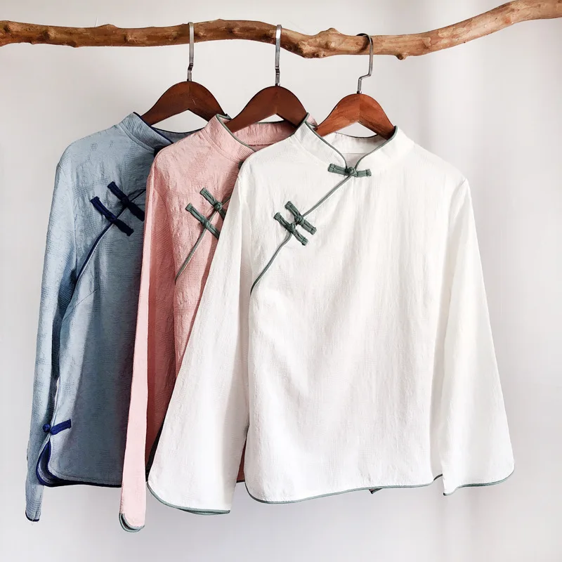 

Chinese Women's Autumn Wind Cotton Jacquard Retro Plate Buttons Chinese-style Tea Service Dress Shirt Improved Chinese Clothing