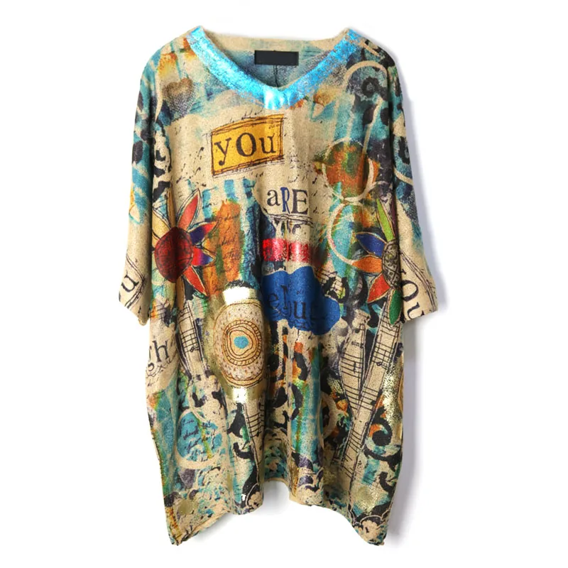 

2019 New Europe oversized Letter Geometric print V-neck Knitted Fashion Women pullover Vintage Outerwear Personality Ladies Top